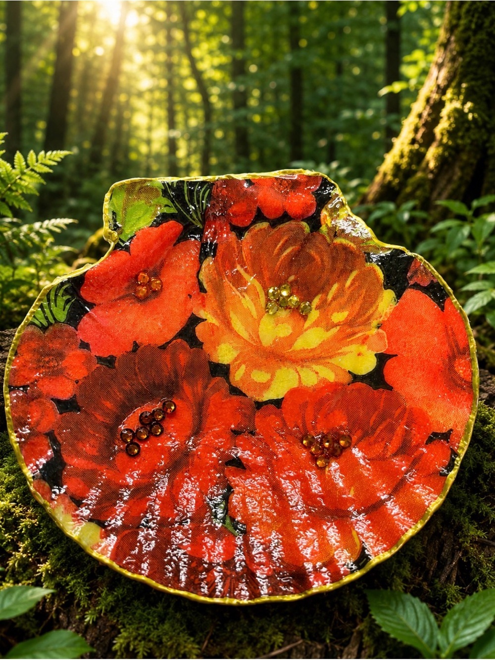 Floral Red & Yellow Statement Decoupage seashell Ring Holder
